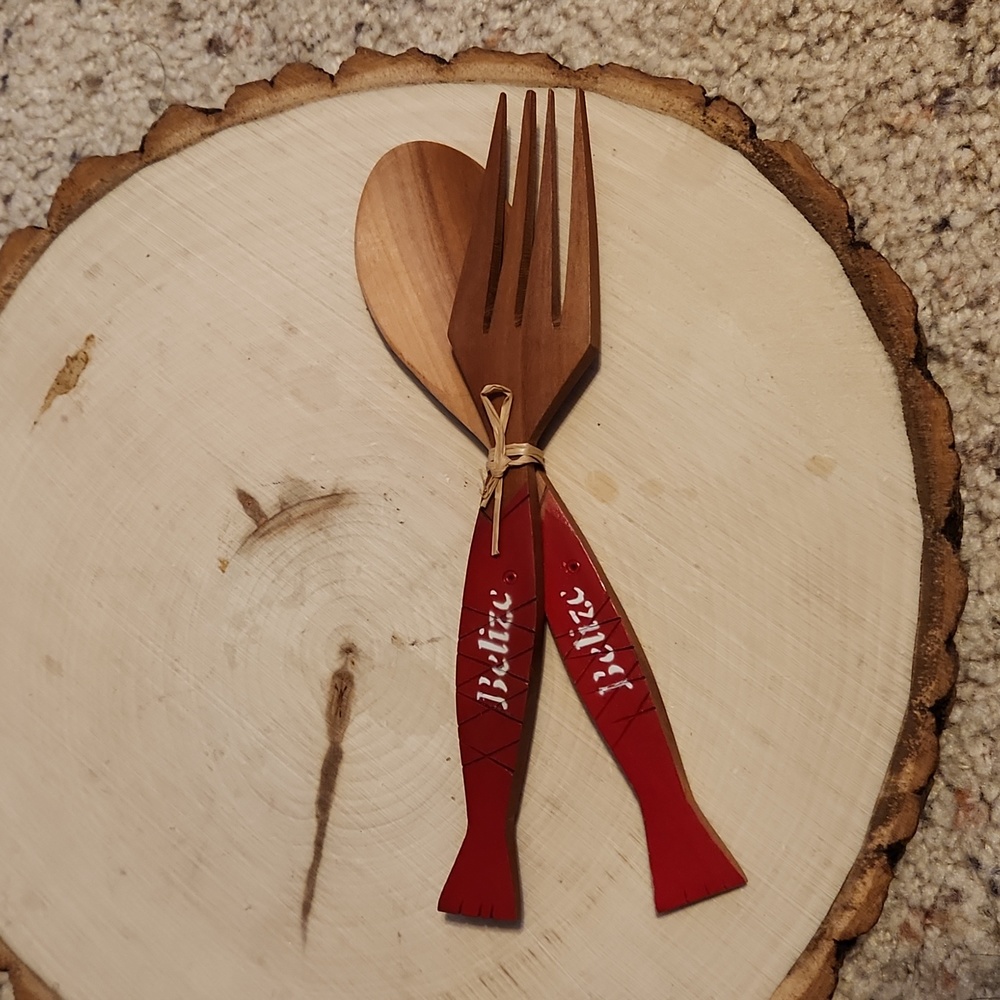 BELIZE Hand Painted Fish Design Wood Fork & Spoon NEW